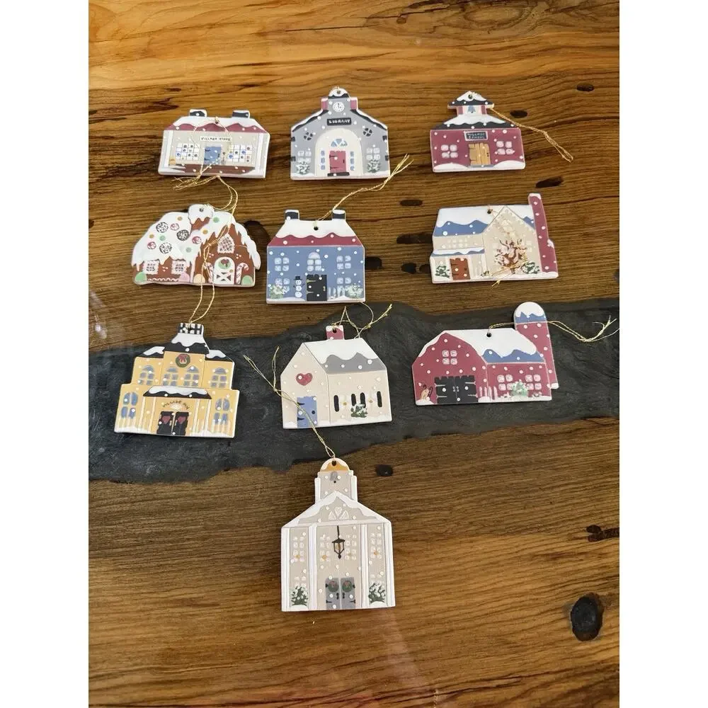 Tewksbury MA Set of 10 Christmas Village Ornaments 1990s Hand Painted